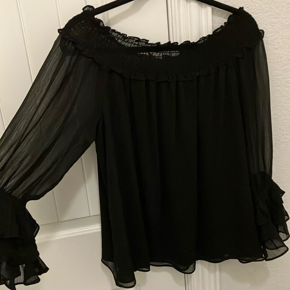 CeCe Black Ruffle Off-Shoulder Blouse
